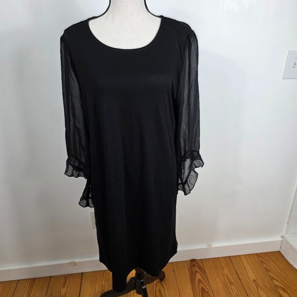 Allison Brittney Black Sheer Sleeve Ruffle Midi Dress XL Flare Sleeve Elegant